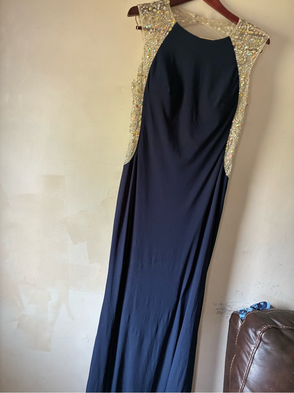 Dave & Johnny Navy Maxi Dress with Gold Sequin Trim